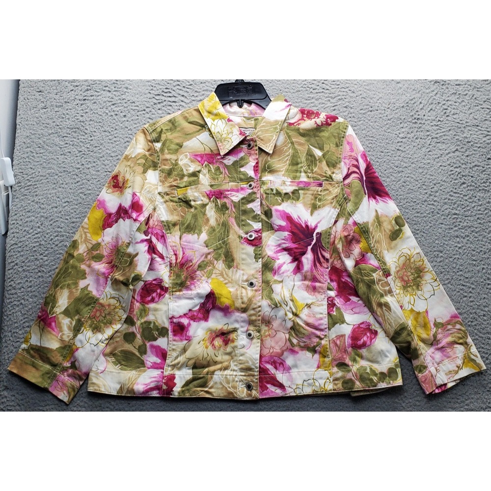 Caribbean Joe Jacket Women XL Multi Floral Detail Chest Pockets Collar Button Up